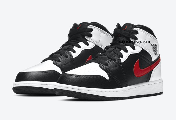 红色Swoosh 黑白配色AJ1 新品Air Jordan 1 Mid GS 货号：554725-075